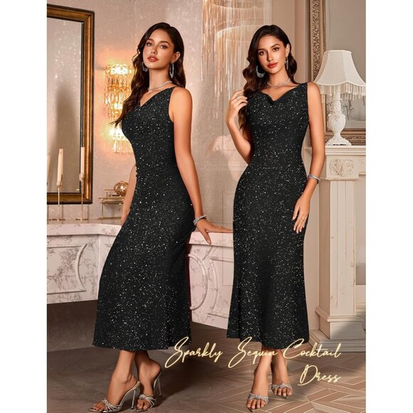 Formal Sequin Dress Womens Large Cowl Neck Bodycon Party Gown - Picture 4 of 6